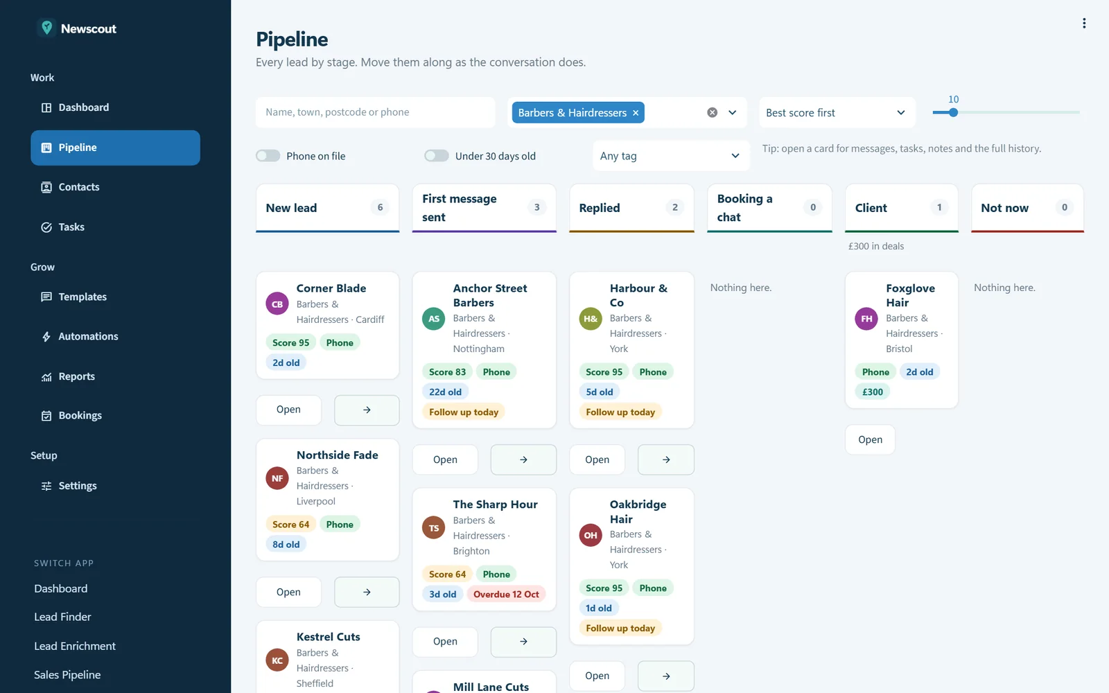 The Newscout pipeline board with a column for each stage and a card for each lead.